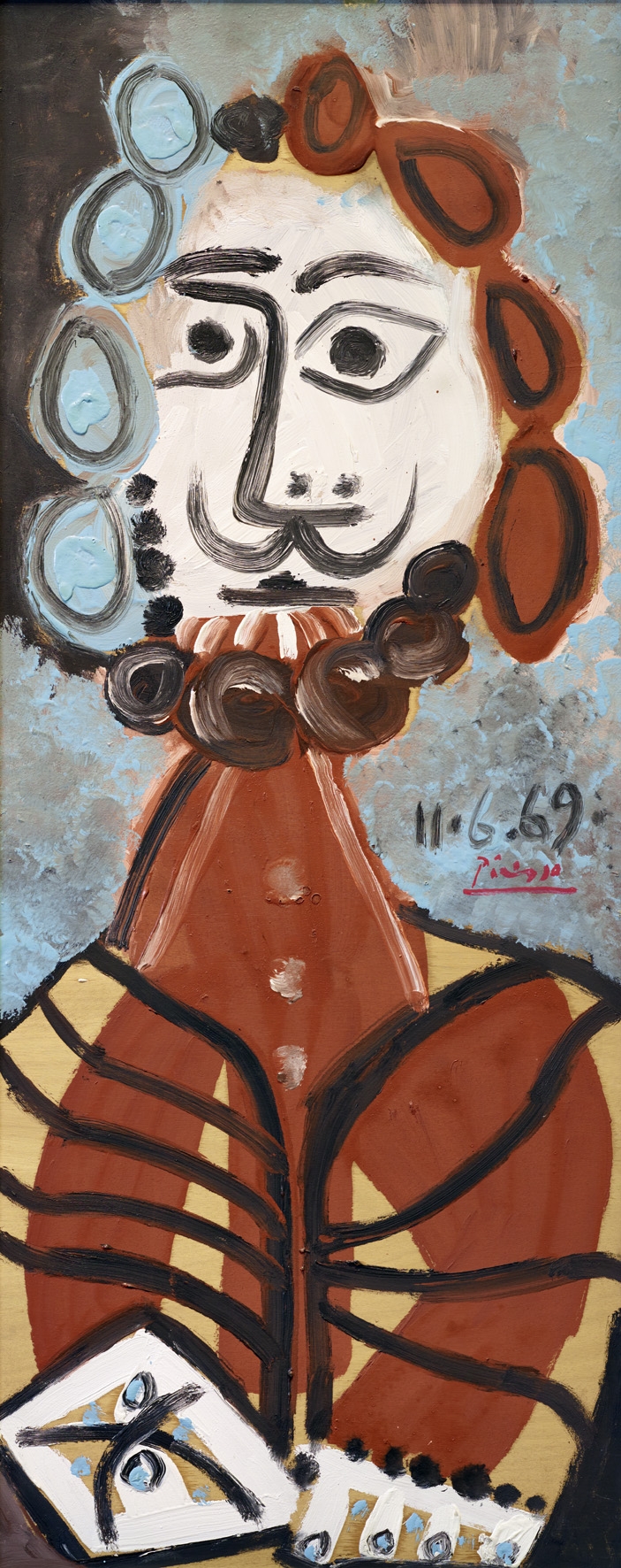 Abstract portrait with a bearded man, featuring bold colors, geometric shapes, and expressive brush strokes.