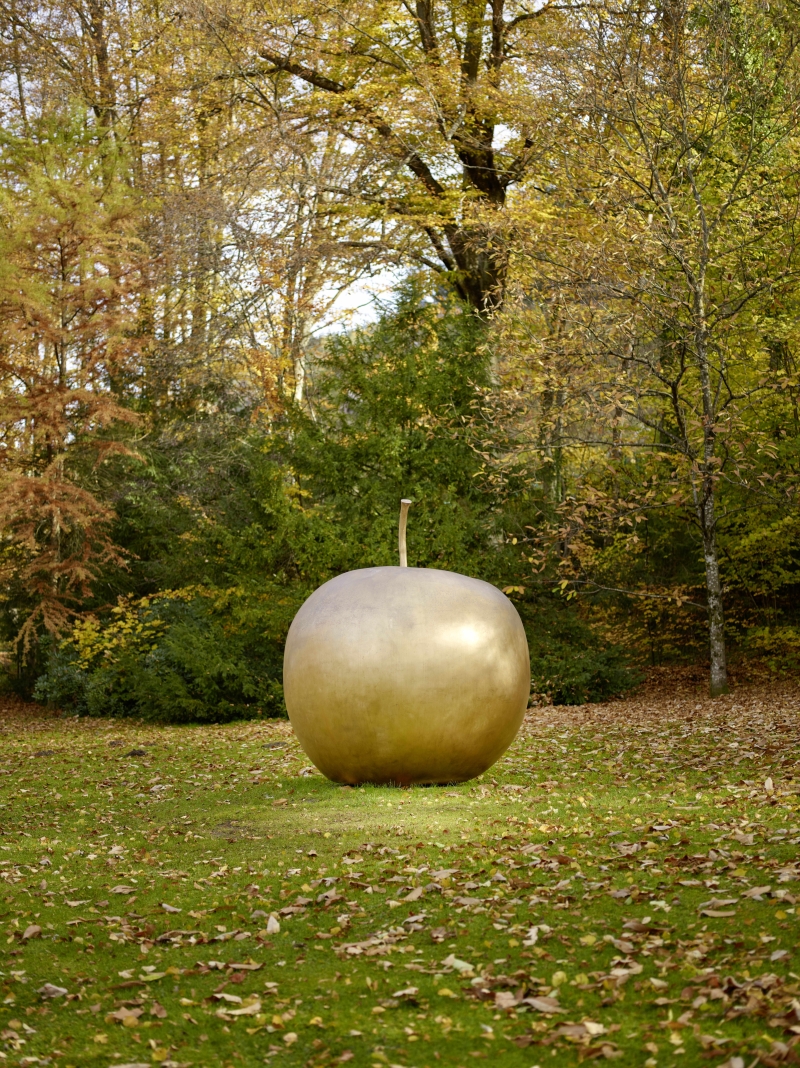 Große, goldene Apfel-Skulptur auf einer Wiese, umgeben von herbstlichen Bäumen und Laub.