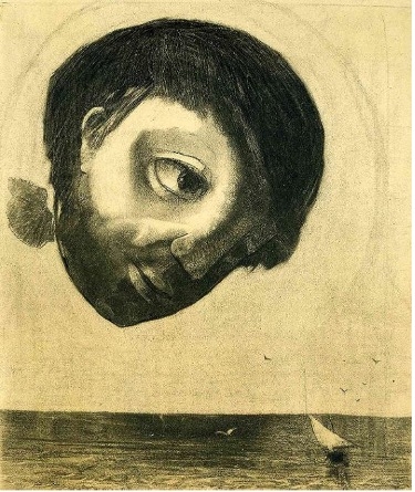 A large, abstract face with a single eye hovers above a calm sea, with a small sailboat in the distance.