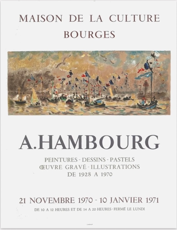 Poster for A. Hambourg's art exhibition at Maison de la Culture, featuring a colorful harbor scene with boats and flags.