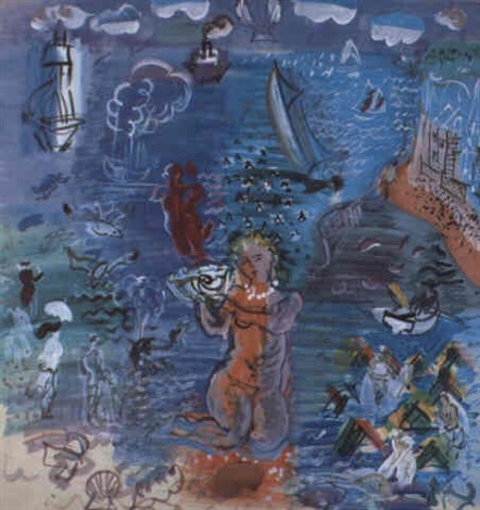 A vibrant scene featuring a central figure of Amphitrite holding a shell, surrounded by boats, waves, and various marine elements.