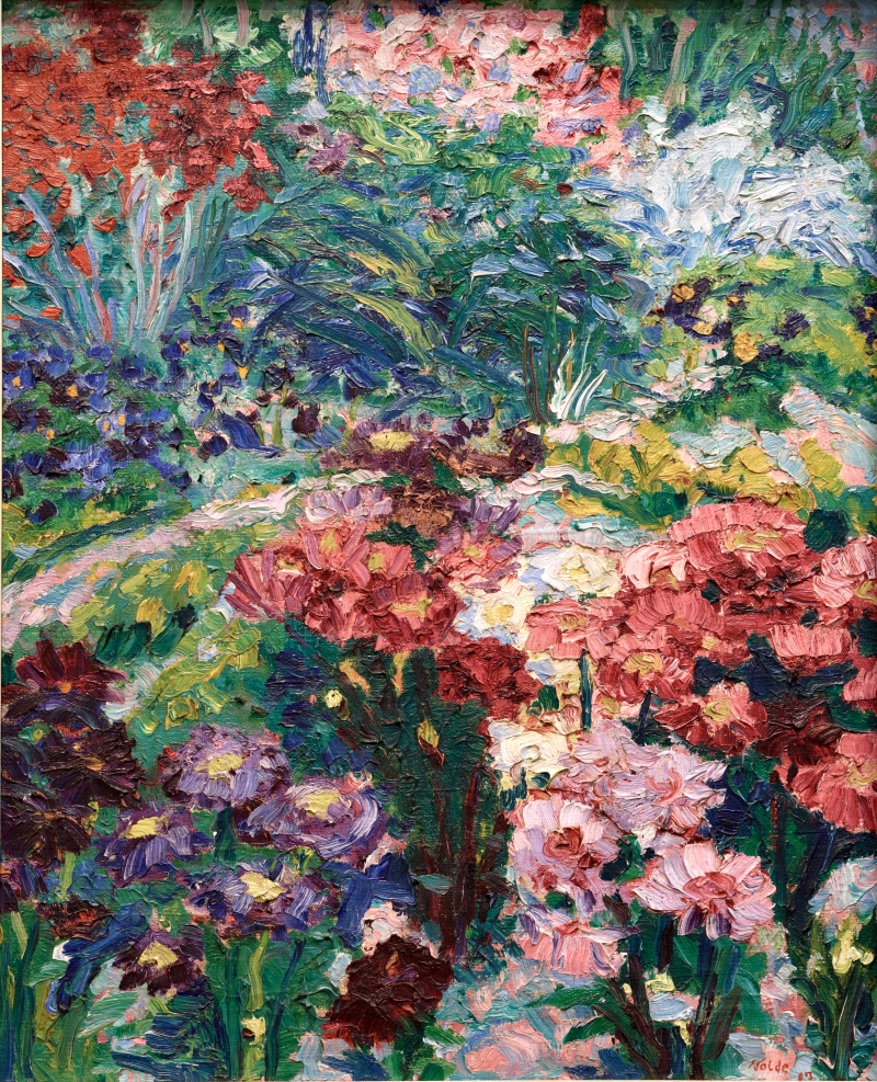 Vibrant garden scene with thickly painted flowers in shades of red, pink, and purple, surrounded by lush green foliage.
