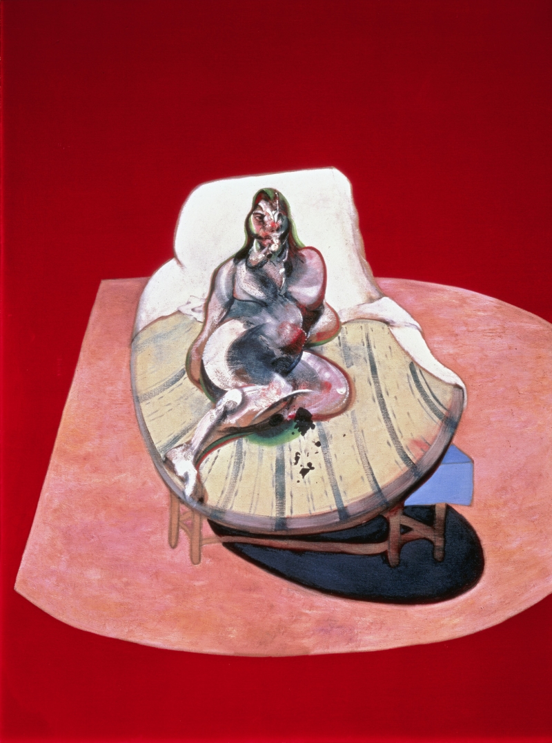 The painting shows a woman lying on a mattress.
The woman's name is Henrietta Moraes. She is depicted half-naked.
Her body is painted distorted, with heavy brushstrokes and many shapes.
The mattress is oval and lies on a light pink floor.
The background is intensely red and completely flat - without any further details.
The painting is by Francis Bacon, who often works with strong colors, deformations and emotions.
It is dramatic, intense and full of tension.