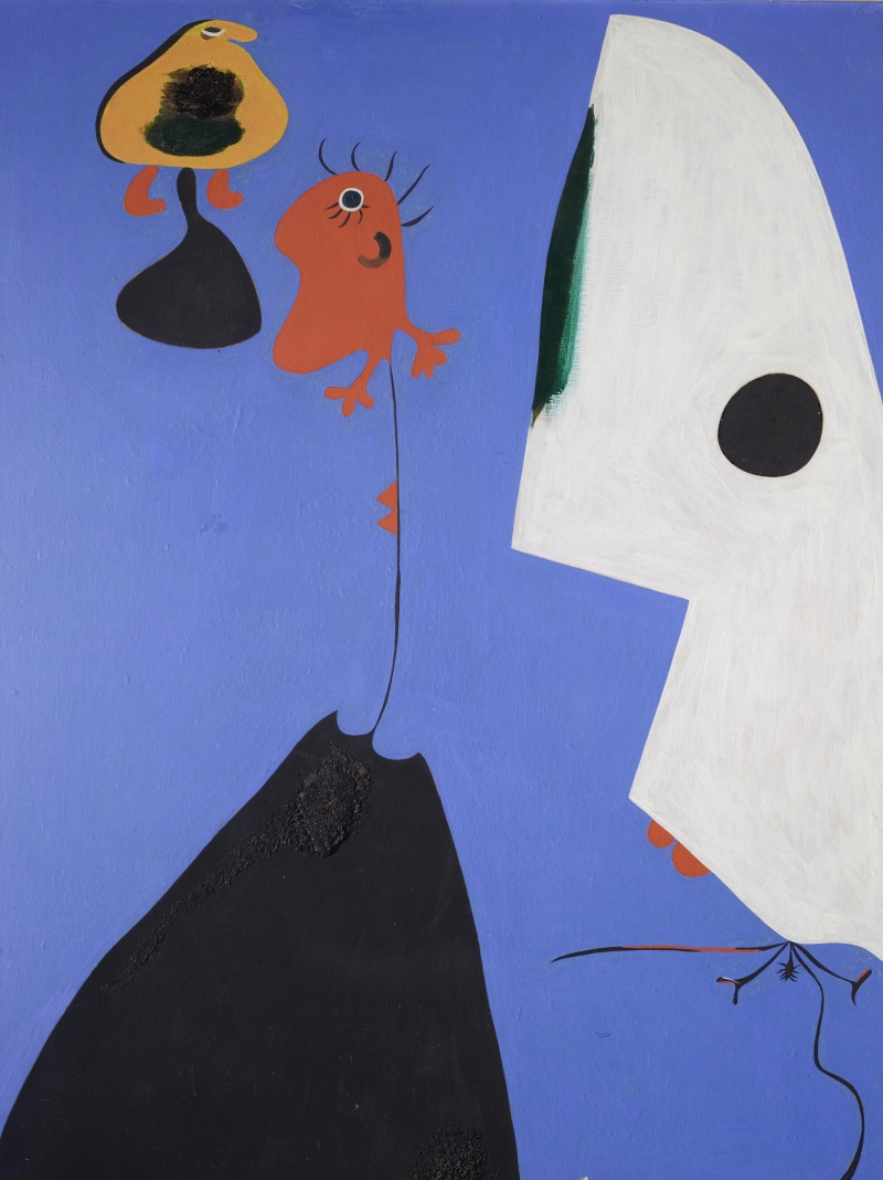 Two abstract figures in vibrant colors against a blue background, with a large white shape on the right.