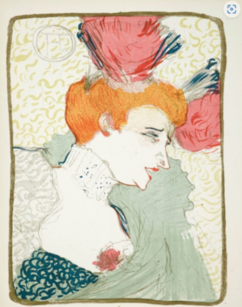 Profile of a woman with orange hair and pink feathers, adorned in a blue dress, against a patterned background.