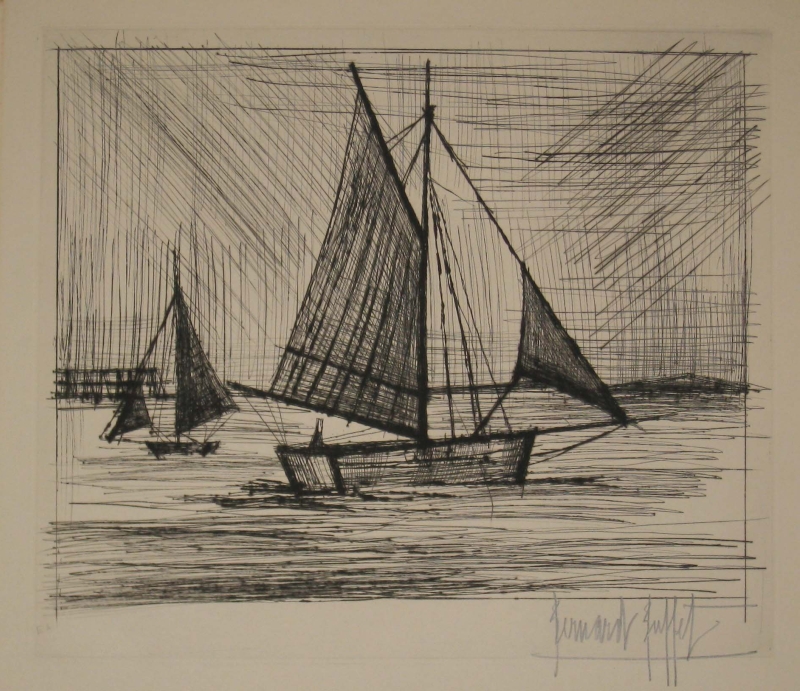 Zwei Segelboote auf ruhigem Wasser, umgeben von diagonalen Linien, die Bewegung und Licht darstellen.