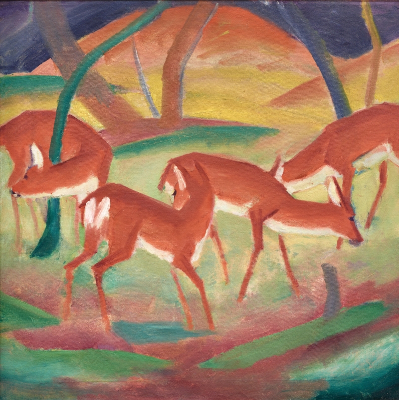 Five stylized deer graze in a vibrant, abstract landscape with colorful trees and rolling hills.