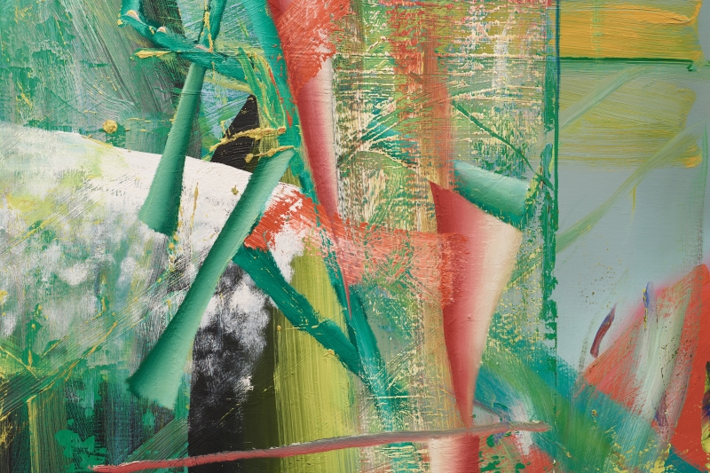 The painting shows many colored areas and lines.
The main colors are green, red, yellow and blue.
The colors are applied on top of each other and are partially blurred or scratched.
Individual shapes look like stripes or brushstrokes.
The picture was painted by the artist Gerhard Richter.
It is an abstract painting, which means:
It does not show any recognizable objects or people,
but consists of colors and shapes.