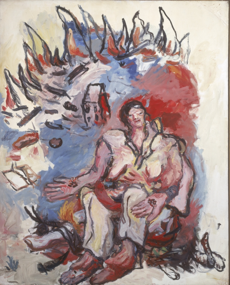 A seated figure with exaggerated features, surrounded by abstract shapes and vibrant colors, evokes a sense of emotion.