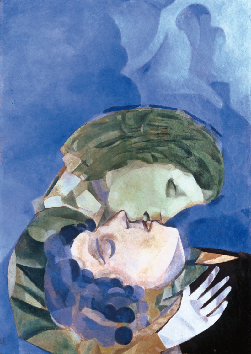 Two abstract lovers embrace, their faces close, surrounded by soft blue hues and geometric shapes.