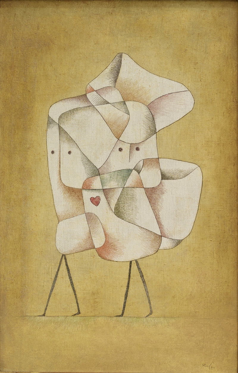 The picture shows two figures standing very close to each other. They are made up of light-colored, intertwined surfaces. The shapes are beige with a little brown, red and gray.
The faces are only hinted at: two black dots per figure represent the eyes. Both figures have thin, straight legs - like lines.
A small red heart in the figures is particularly striking. It makes the picture tender and personal.
The background is a warm, earthy color - calm and even.
The title “Siblings” fits well: the figures seem connected, almost like a unit. You can sense closeness, trust and cohesion - very quietly and delicately.