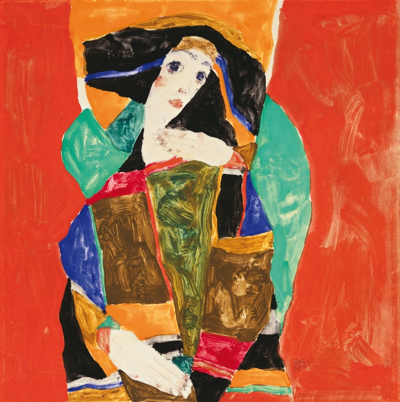 A stylized figure with a pale face and dark hair, surrounded by vibrant colors on an orange background.