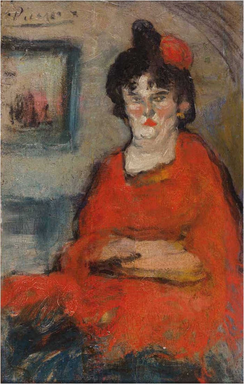 Portrait of a woman in a red dress with dark hair and a red flower, set against a muted background with soft colors.