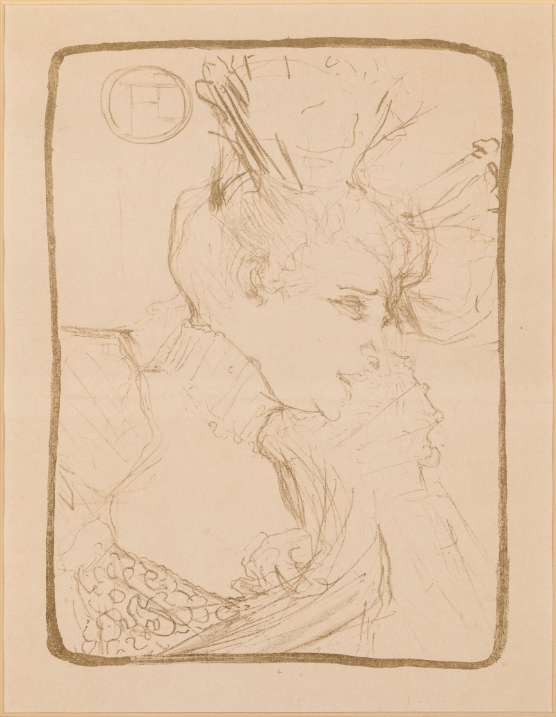 Porträt einer Frau mit aufwendiger Frisur und Kleid, in sanften Linien und Schattierungen skizziert.