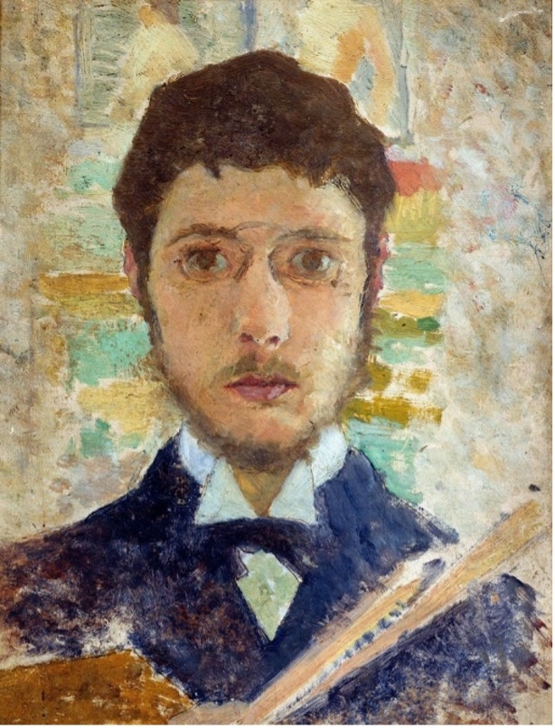 Self-portrait of a young man with dark hair and glasses, wearing a dark suit, against a textured, colorful background.