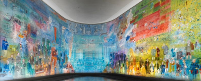Bunte Wandmalerei mit historischen Szenen, Figuren und abstrakten Mustern in einem geschwungenen Raum.