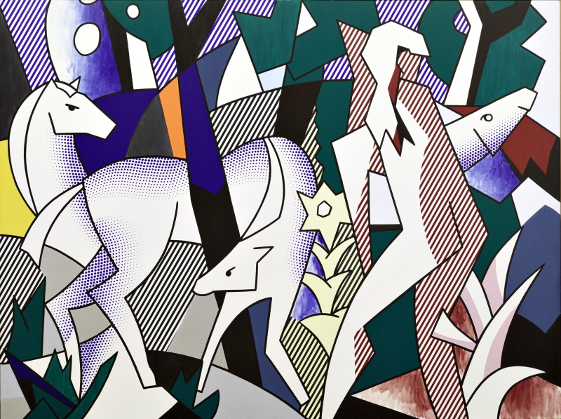 Zwei stilisierte Pferde und eine menschliche Figur in einem geometrischen, farbenfrohen Waldmotiv.