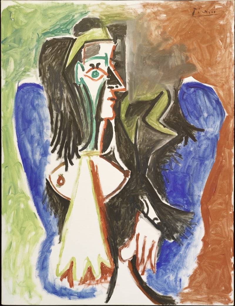 Abstract portrait with bold colors, featuring a woman with long hair and distinctive facial features against a vibrant background.