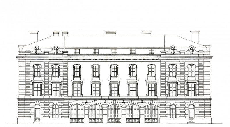 The façade of the 1914 archducal chancellery building in Hanuschgasse can be seen. The building is clearly divided into three storeys. On the first floor there are large arched windows arranged in a regular rhythm. This is followed by two further floors with regularly spaced rectangular windows.