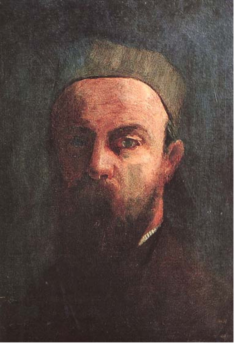 Self-portrait of a man with a beard, wearing a dark cap, against a muted background, conveying a somber expression.