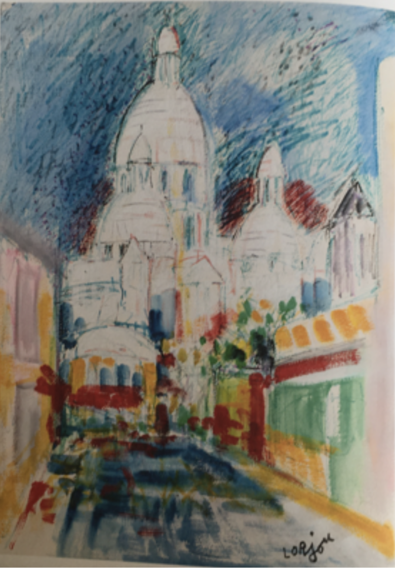 Colorful abstract depiction of a cathedral with domes, surrounded by vibrant buildings and a blue sky.