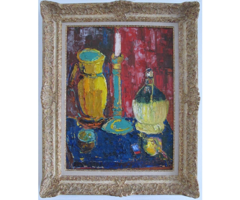 Still life featuring a yellow pitcher, candle holder, and glass bottle against a vibrant red and blue background.