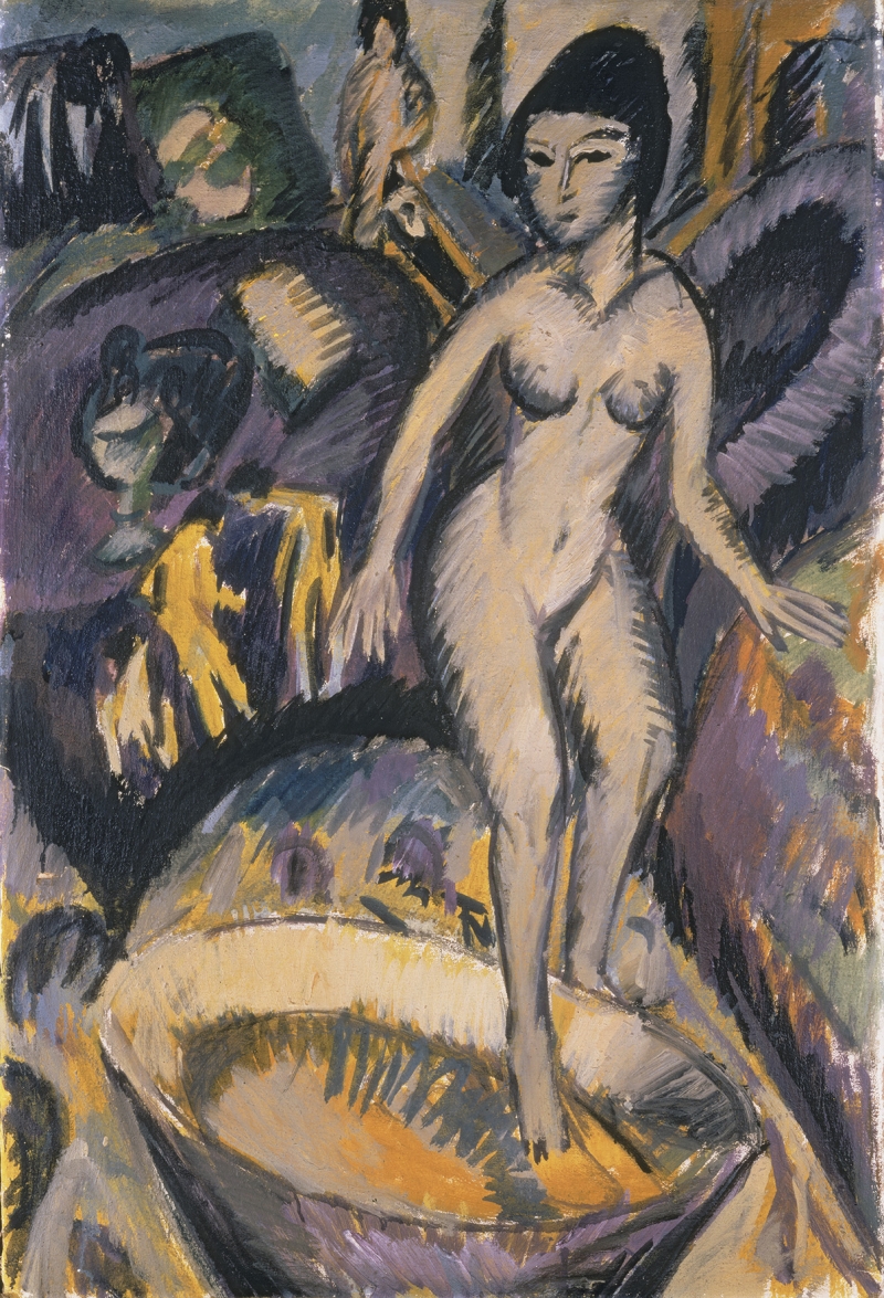 Nude woman standing in a bath, surrounded by abstract forms and figures, with bold colors and expressive brushstrokes.