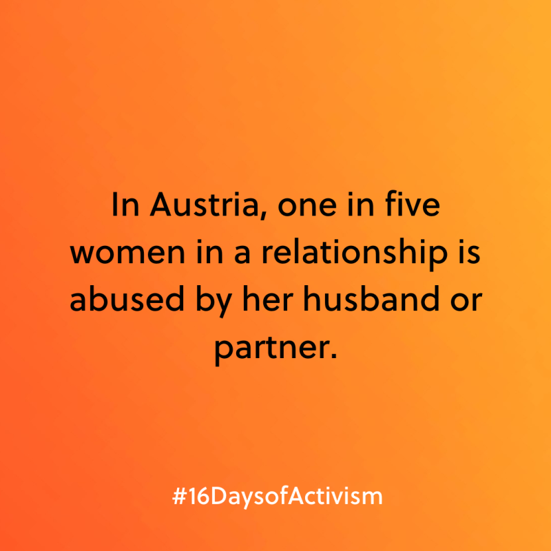 Text auf orangefarbenem Hintergrund: "In Österreich wird jede fünfte Frau in einer Beziehung misshandelt." #16DaysofActivism