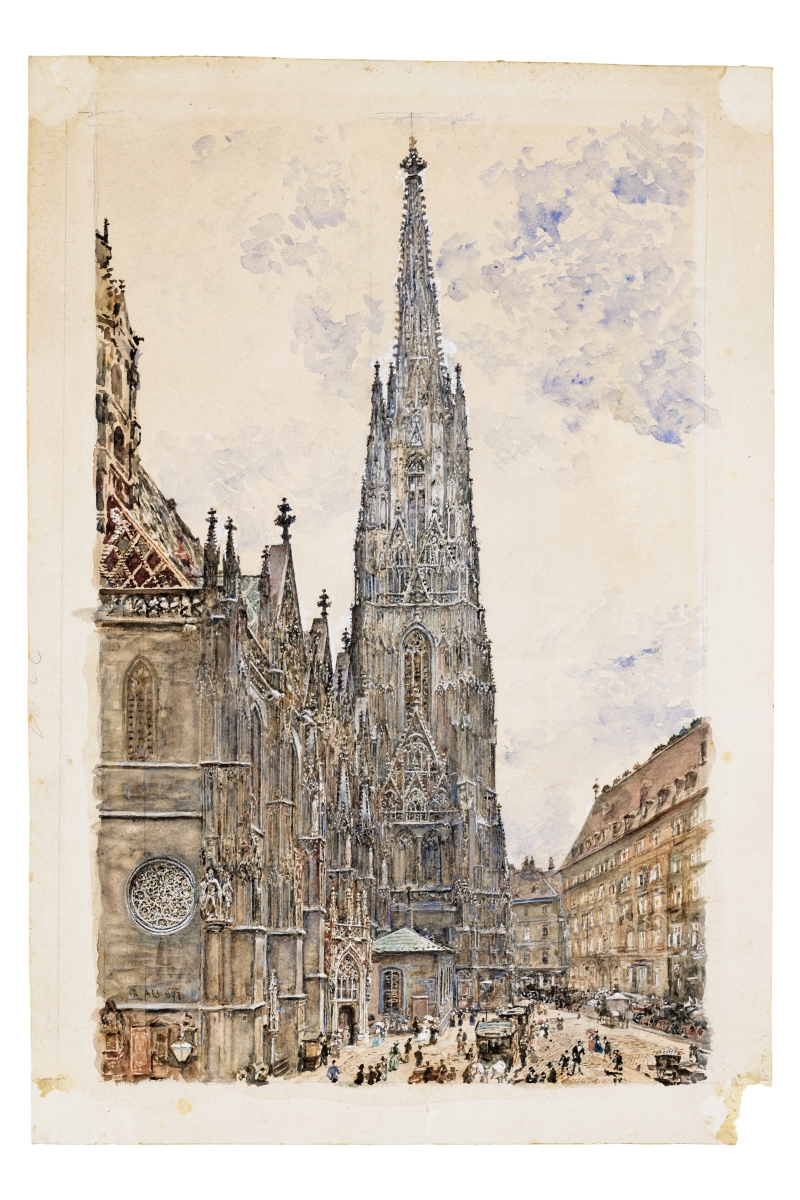 Auf dem Bild sehen wir den Stephansdom in Wien.
Es ist kein Foto, sondern ein Gemälde mit Wasserfarben.
Man nennt so ein Bild auch Aquarell. Der Künstler heißt Rudolf von Alt.

In der Mitte sieht man den großen Turm vom Stephansdom.
Er ist sehr hoch und spitz.
Links ist die Kirche, rechts stehen Häuser 
Unten auf dem Platz sind viele Menschen. Es wird wahrscheinlich der Frohnleichnahmsumzug dargestellt.
Der Himmel ist hell mit etwas Blau und Grau.
