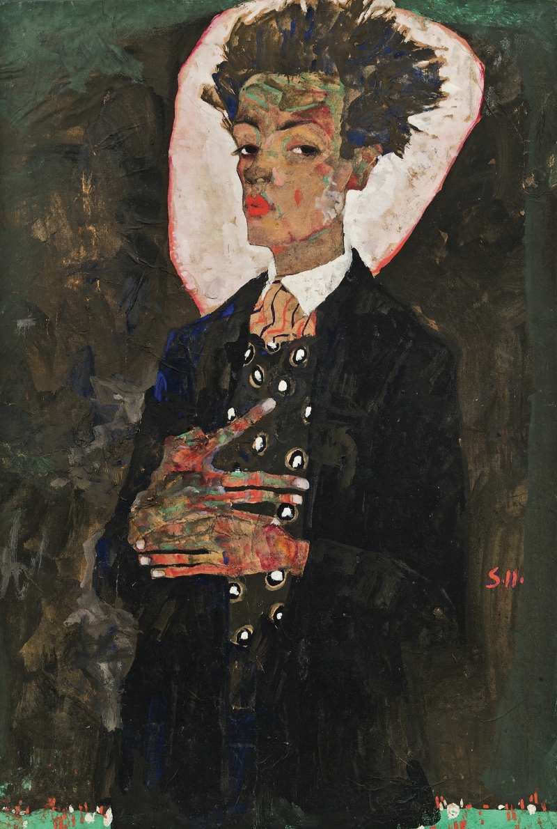 In this painting, Egon Schiele painted himself. He is wearing a special vest that looks like it has peacock feathers on it. His face looks serious and proud. His hair is wild and sticks up. His long fingers are painted in a strong way. The background is dark, but around his head is a light shape, like a halo. Schiele looks straight at us – almost like he is judging us. The colors on his face and hands are strange – red, green, blue.