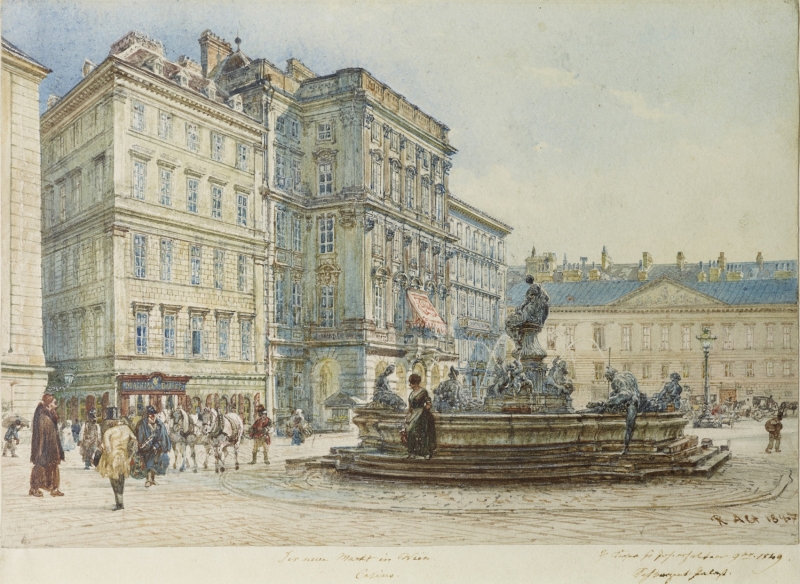 Das Aquarell zeigt eine belebte Straßenszene am Neuen Markt in Wien zur Mitte des 19. Jahrhunderts. Im Mittelpunkt befindet sich ein großer barocker Brunnen – der Donnerbrunnen –, aus dem mehrere Wasserstrahlen in ein rundes Becken fließen. Um den Brunnen sind lebendige Figurengruppen aus dunklem Metall zu sehen, die mythologische Gestalten darstellen. Eine Frau in dunklem Kleid steht am Rand des Beckens, während andere Menschen vorbeigehen oder sich unterhalten.
Im Hintergrund ragen mehrstöckige, klassizistische Wohn- und Geschäftshäuser mit vielen Fenstern empor. Einige Fassaden sind aufwendig verziert, eine davon trägt ein rotes Markisenschild. Links im Bild bewegt sich eine Kutsche mit zwei weißen Pferden durch das Pflaster. Zahlreiche Personen in historischen Kleidern – Männer mit Zylindern und Frauen in langen Röcken – beleben die Szene. Rechts im Bild sieht man einen offenen Platz mit weiteren Kutschen, Menschen und einem gelben Gebäude mit blauem Dach.
Das Licht ist klar und freundlich, der Himmel leicht bewölkt – es ist vermutlich ein sonniger Vormittag. Die Architektur, Kleidung und das geschäftige Treiben vermitteln ein authentisches Bild vom städtischen Leben im Wien des 19. Jahrhunderts.