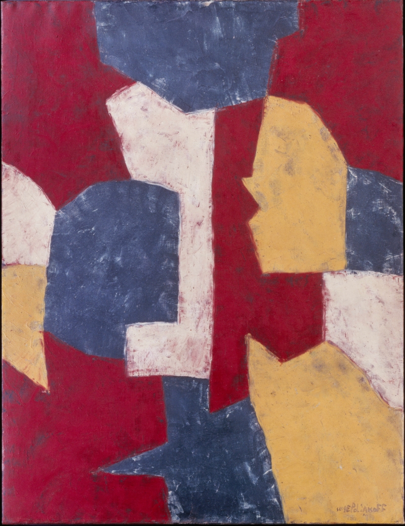 Abstract composition featuring bold shapes in red, blue, yellow, and white, suggesting profiles and fragmented forms.