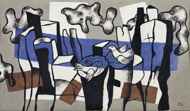 Abstract composition featuring two birds on a geometric landscape with blue, black, and brown shapes against a gray background.