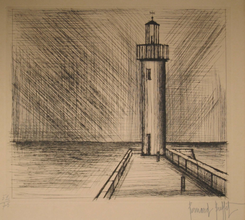 Leuchtturm auf einem Steg, umgeben von Wasser, mit diagonalen Linien und schattierten Bereichen im Hintergrund.