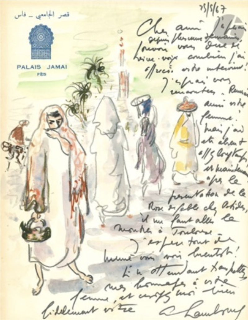 A watercolor postcard featuring figures in traditional attire, with handwritten text and a stamp from Palais Jamai, Fès.