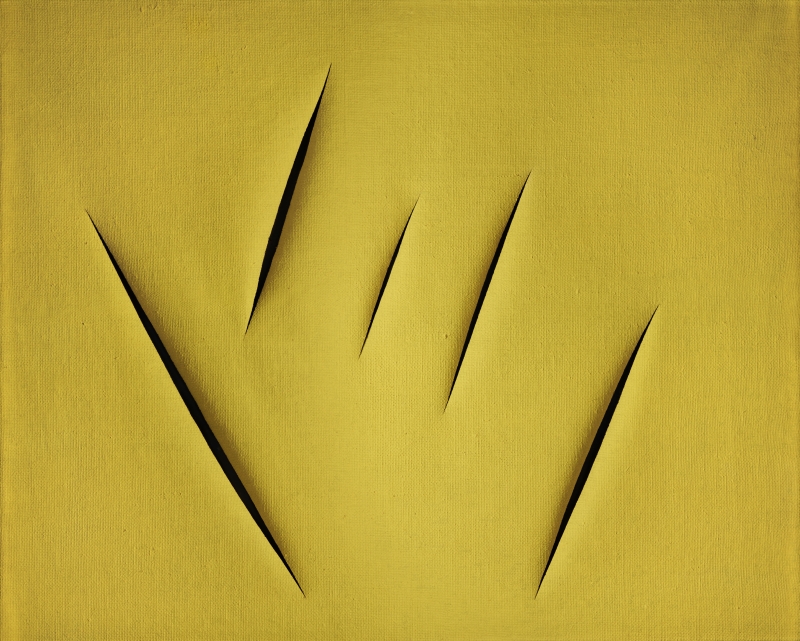 Yellow canvas featuring five sharp, elongated cuts creating a dynamic, textured pattern.
