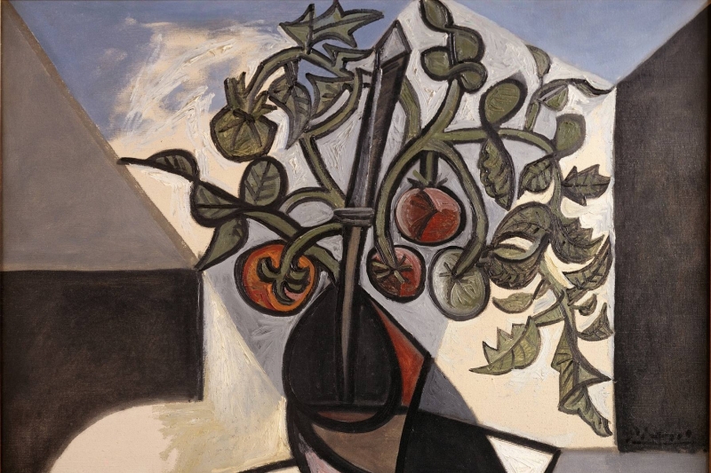 Vase mit Tomatenpflanze, rote und grüne Früchte, abstrakte Formen, helle und dunkle Farbtöne.