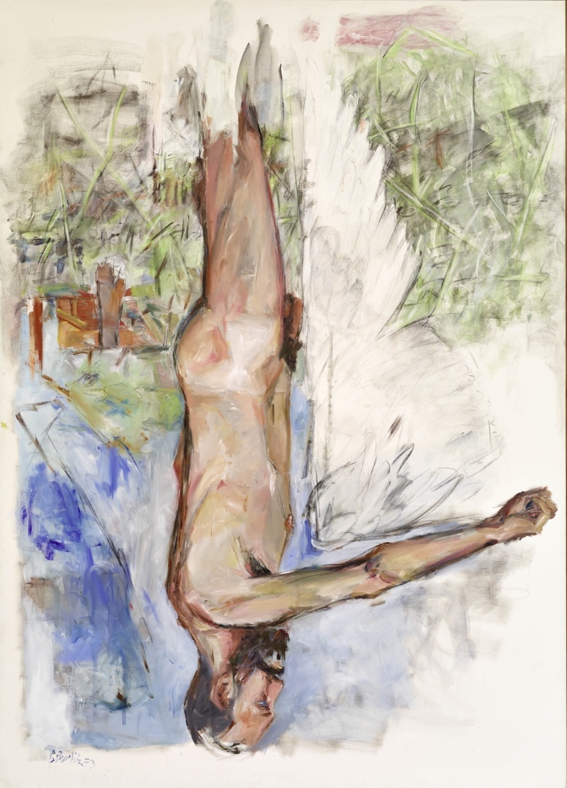 Nackte Figur mit ausgebreiteten Armen, umgeben von abstrakten Farben und Formen in Blau und Grün.