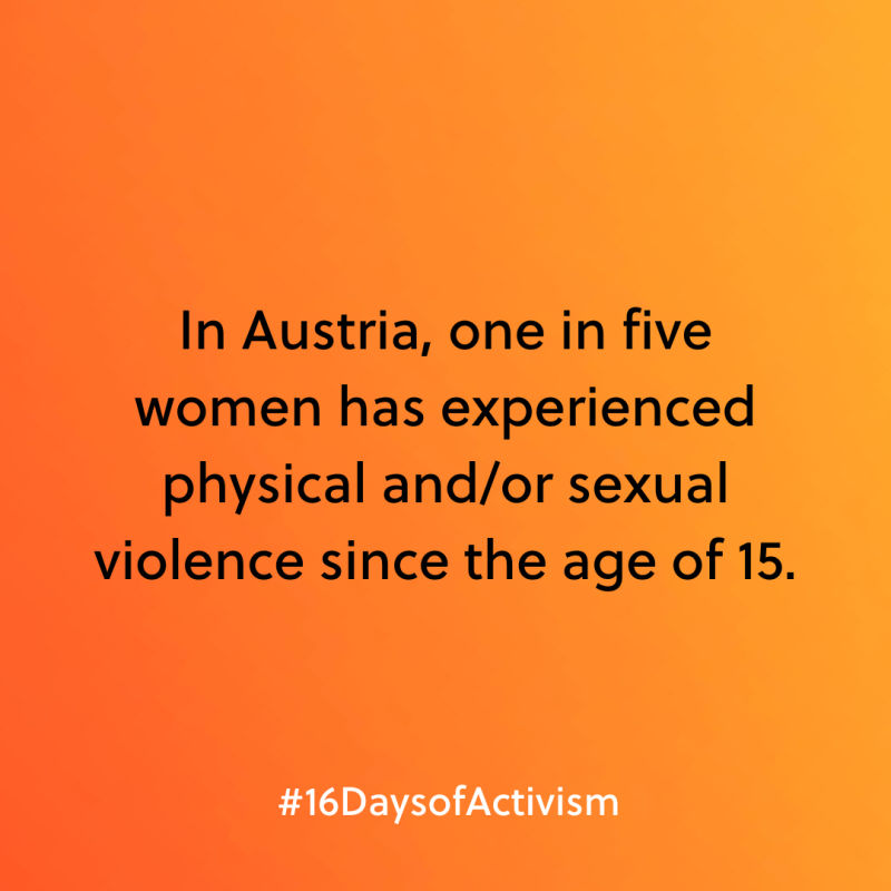Text auf orangefarbenem Hintergrund: "In Österreich hat jede fünfte Frau seit 15 physische und/oder sexuelle Gewalt erfahren. #16DaysofActivism"
