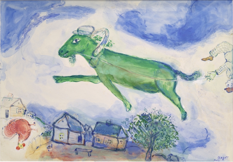 A green flying cow is tethered to a person in a checkered outfit, with houses and trees below in a whimsical landscape.