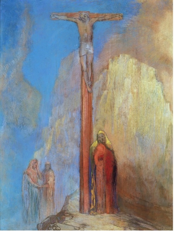 Kreuzigungsszene mit Jesus am Kreuz, umgeben von trauernden Figuren und einer farbenfrohen, traumhaften Landschaft.