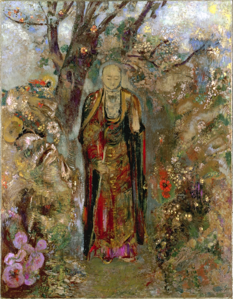 Buddha in prächtigen Gewändern steht umgeben von bunten Blumen und Bäumen in einem traumhaften, farbenfrohen Garten.