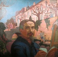 Selbstporträt eines Malers vor einem Kloster, umgeben von Bäumen und Figuren in einer farbenfrohen Landschaft.
