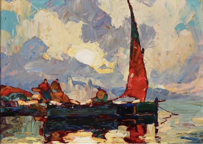 Sailboats with red sails docked near a rocky shore under a colorful sky at sunset, with figures in the foreground.