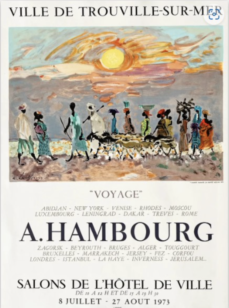 Colorful poster featuring people by the sea at sunset, promoting André Hambourg's "Voyage" exhibition in Trouville-sur-Mer.