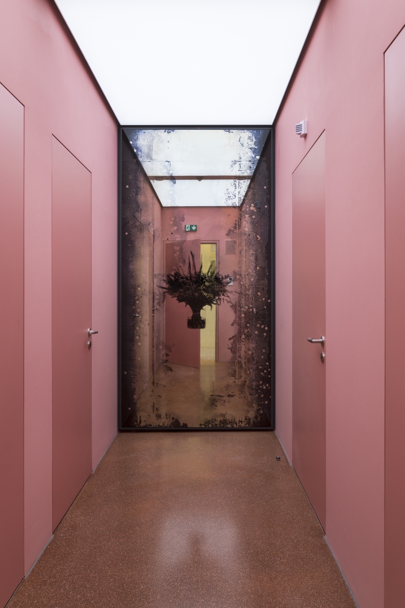 Langer, schmaler Flur mit rosa Wänden, einem spiegelnden Glas und einer blumigen Dekoration am Ende.