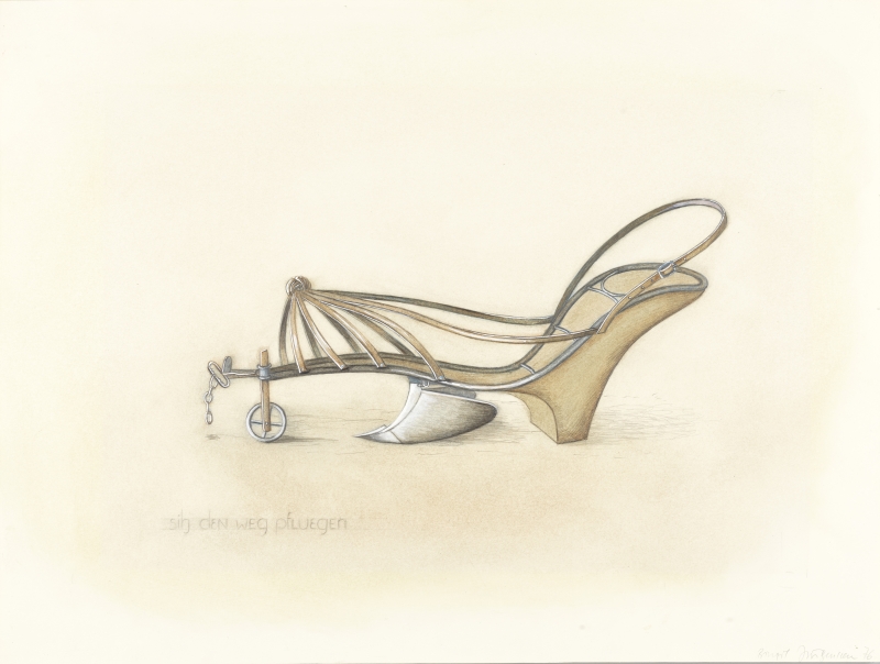 Ein kreatives Schuhdesign mit metallischen und hölzernen Elementen, kombiniert mit einem Pflug als Absatz.