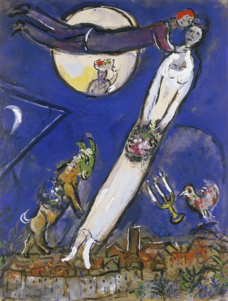 A surreal scene with a floating figure, a goat, and a bird against a deep blue background, featuring a large moon.