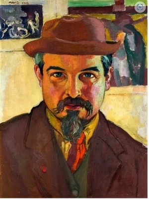 Self-portrait of a man with a mustache and goatee, wearing a hat and suit, against a colorful background.