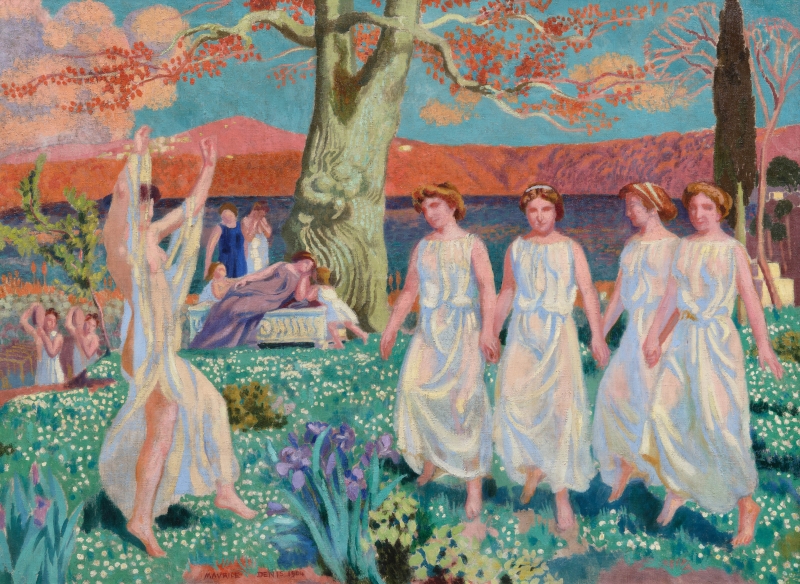 Five women in flowing white dresses walk hand-in-hand through a flower-filled landscape, with a serene lake and mountains in the background.
